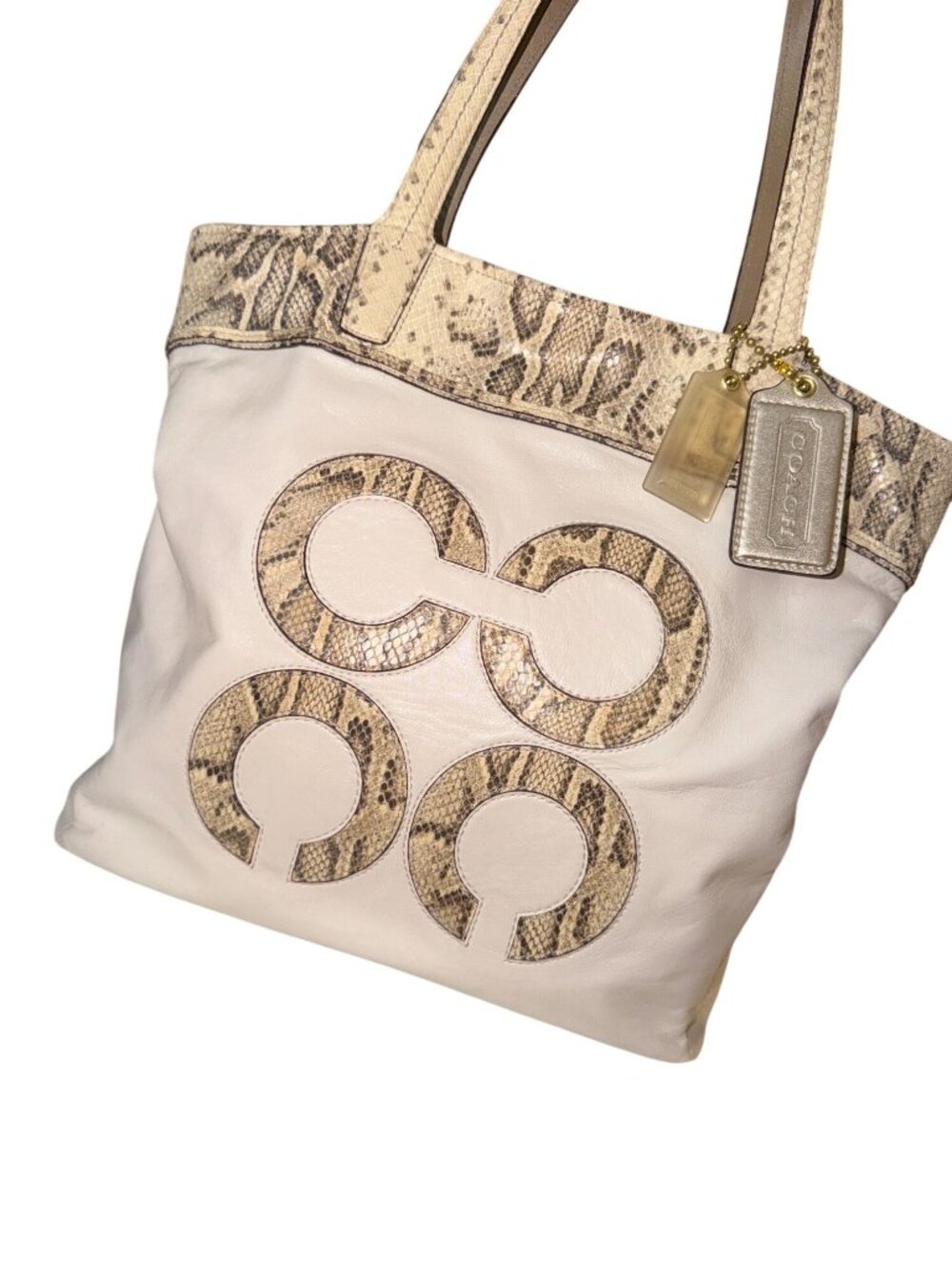 Coach Audrey Ivory Snake Pattern Leather Slim Shoulder Bag Tote 17043